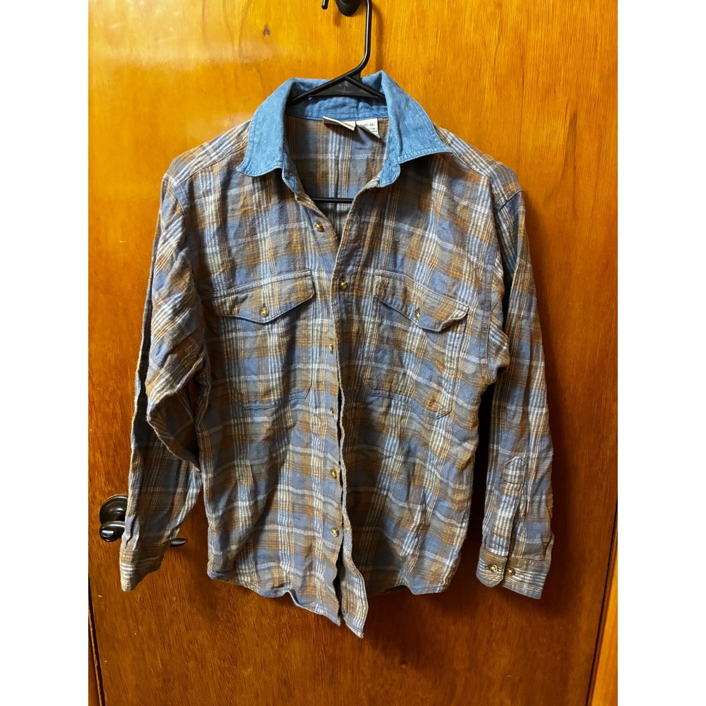 Sonoma Flannel Shirt Womens M Blue Brown Plaid Denim Collar Grunge Cabin Core